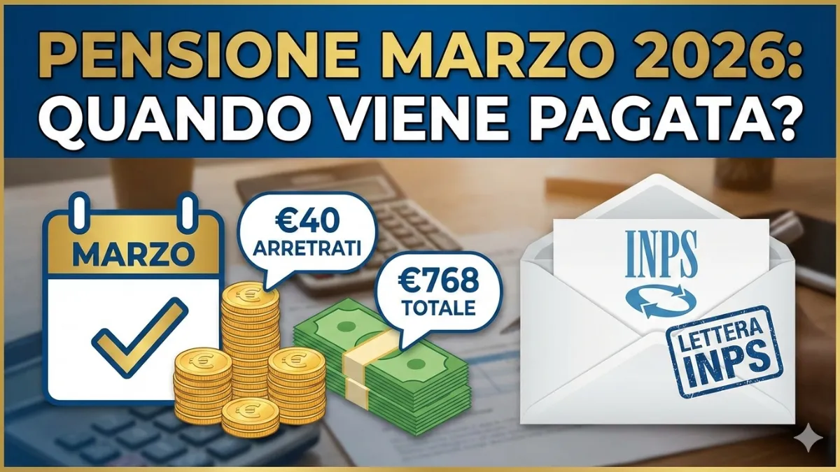 Make me proffessional and engaging thumbnail  "wide" and large and good : Quando Viene Pagato la Pensione di Marzo 2026 con 40 euro di Arretrati e 768 euro (Lettera Inps) 